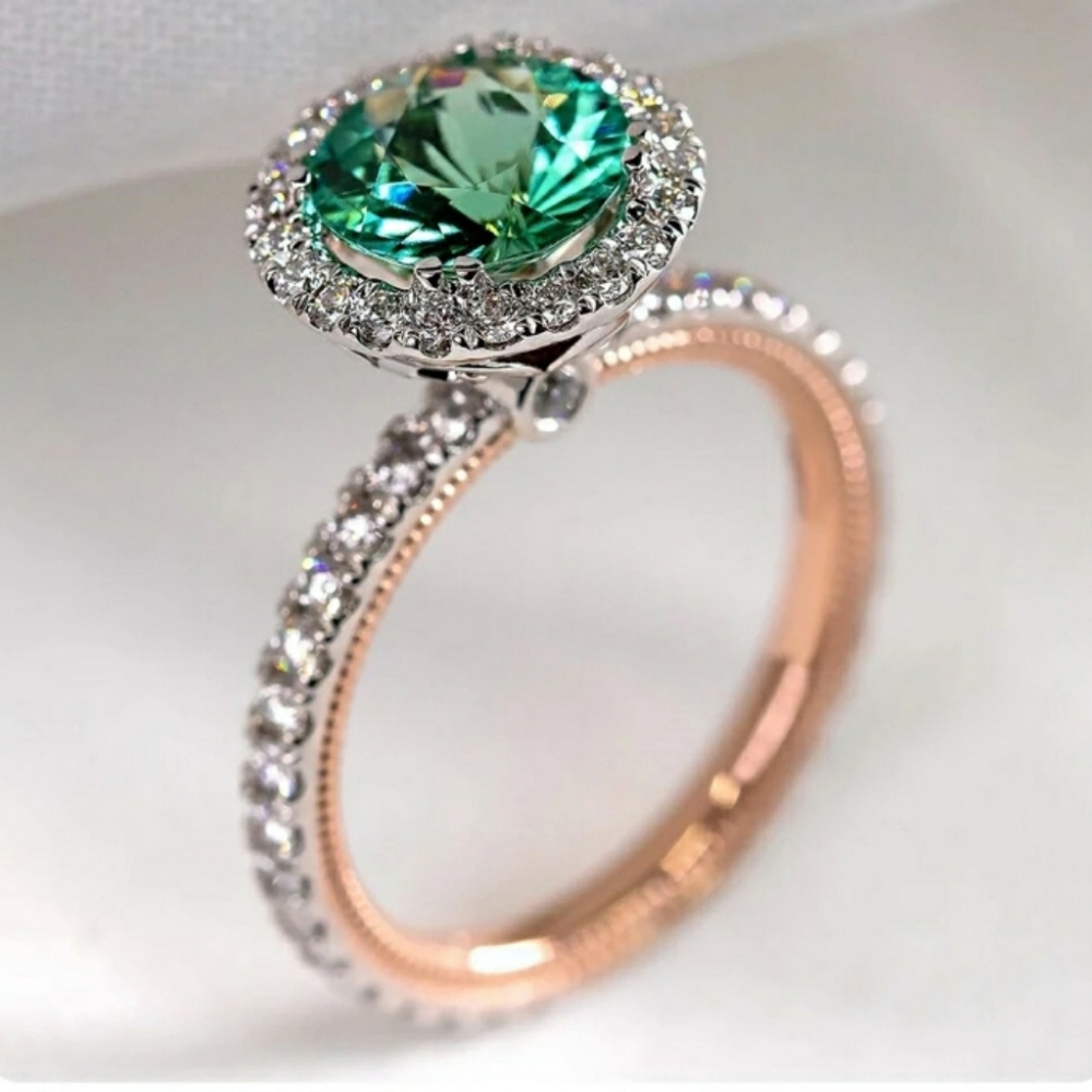 New Green Cubic Zirconia Two Tone Ring - Picture 2 of 8